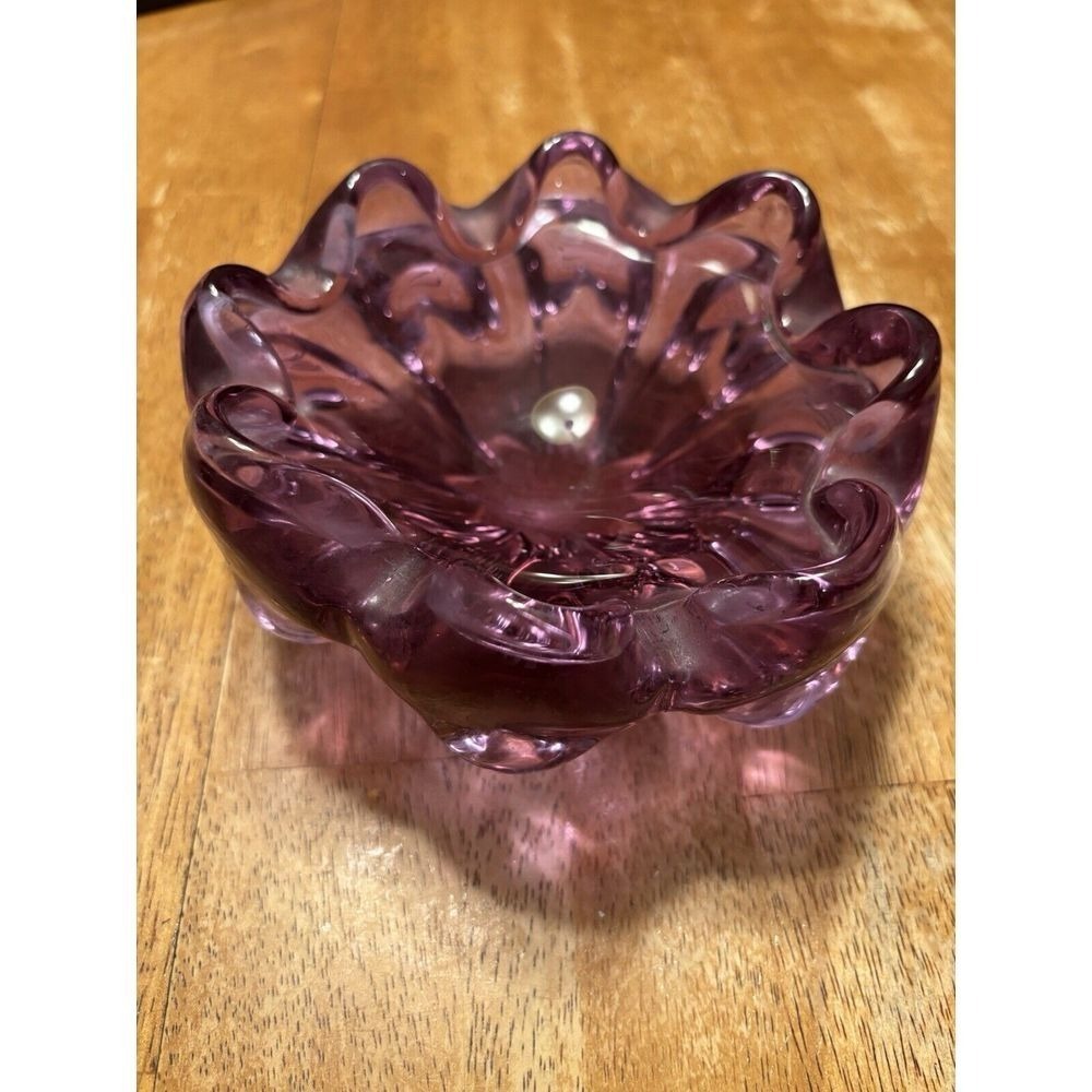Somerso Like Hand Blown Art Glass Bowl Ashtray DishBlue Purple Vintage Chunky